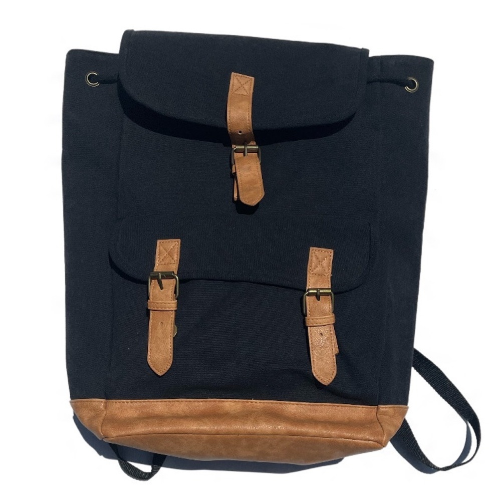 DSW black canvas and brown drawstring leather strap buckle leather backpack